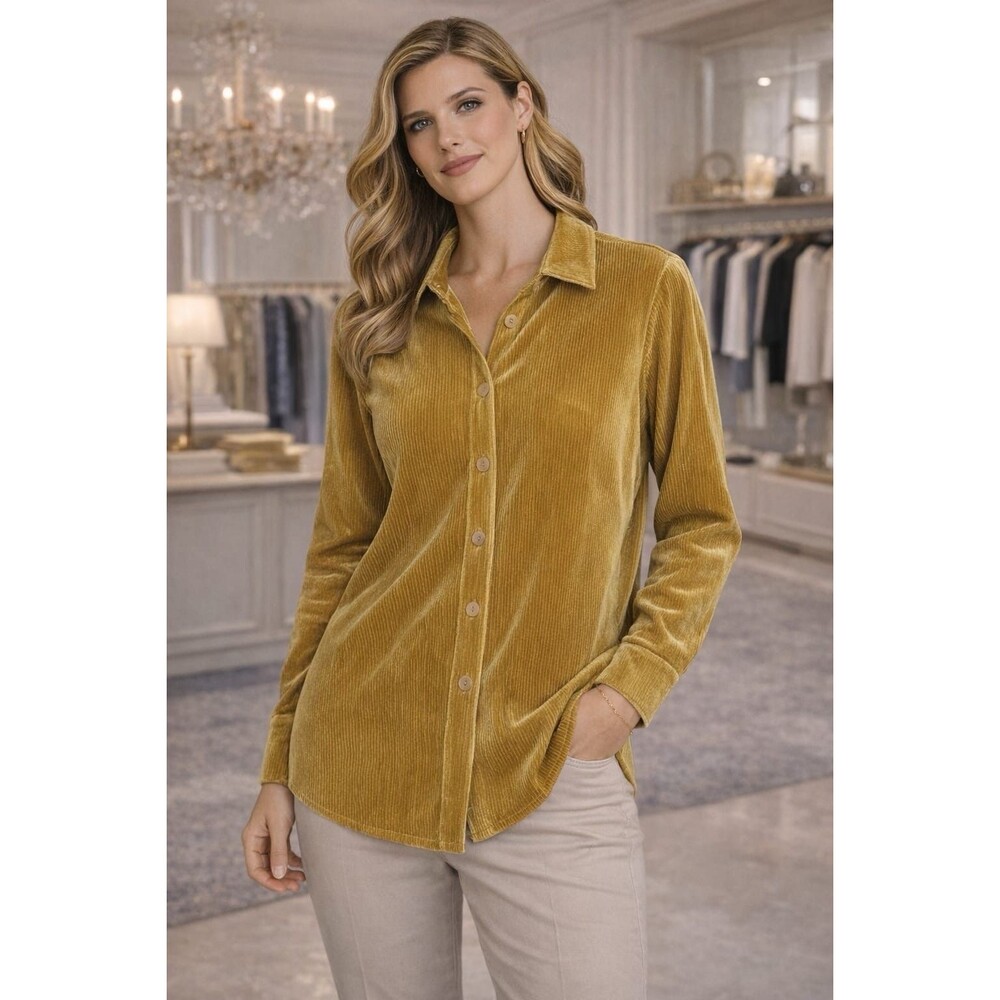 Soft Surroundings Shirt MEDIUM Velvet Boyfriend Corduroy Mustard Metallic 2FP50‎